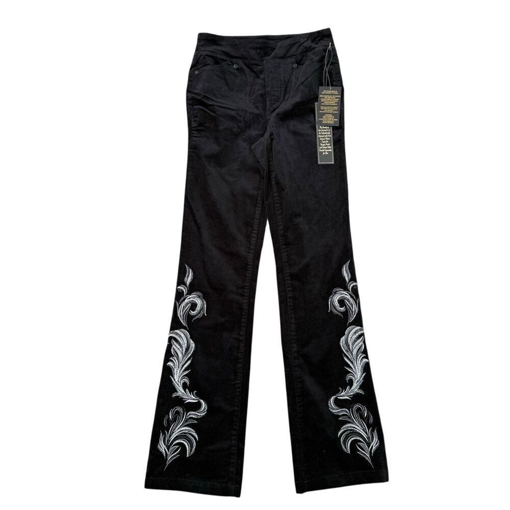 DG2 by Diane Gilman Stretch Velvet Pull-On Embroidered Bootcut Pant black 0 NWT